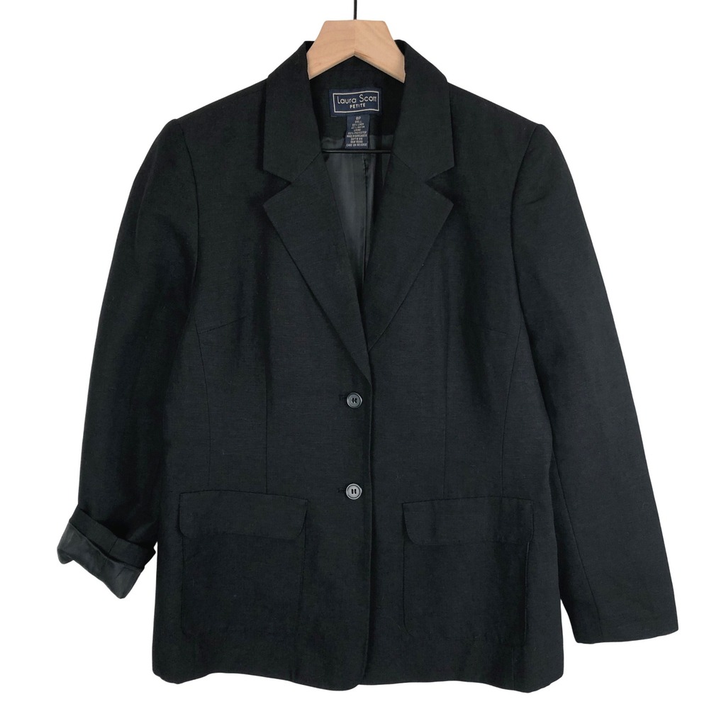VTG Laura Scott Petite Linen Blend Two Button Blazer Jacket Sz 8P Black Minimal